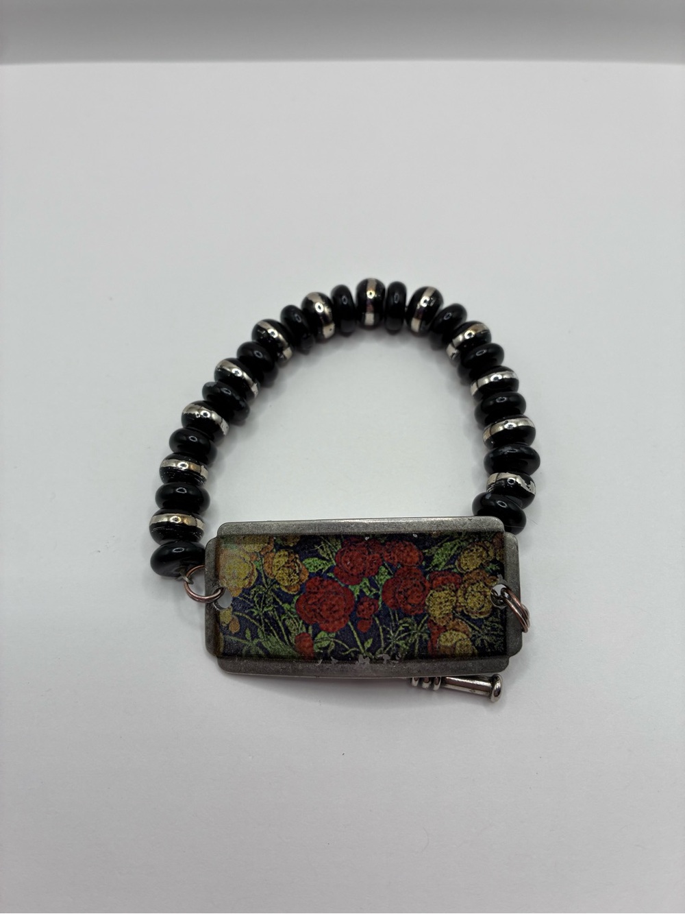 Bohemian Black And Silver Beaded Stretch Bracelet With Floral Metal Plaque Boho.